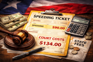 Texas speeding ticket cost breakdown showing fine, court fees, and total expenses concept with ticket, gavel, and money