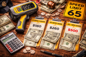Texas speeding ticket cost based on mph over the limit showing tiered fines and increasing penalties concept with radar gun and money