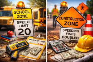 Texas speeding ticket cost in school and construction zones showing higher fines and penalties concept with road signs and traffic enforcement scene