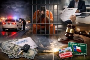 Texas speeding ticket vs reckless driving concept showing police traffic stop, jail consequences, court gavel, insurance cost, expired license, and financial penalties in Texas