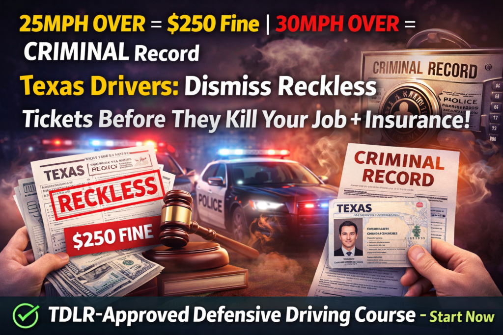 Texas speeding ticket vs reckless driving comparison showing $250 fine, criminal record risk and defensive driving course option