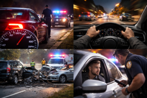 Texas speeding ticket vs reckless driving comparison showing high-speed driving, police stop, traffic crash, and driver interaction with officer