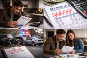 Texas speeding ticket vs reckless driving impact showing insurance premium increase, denied claim, accident scene, and financial stress from higher costs