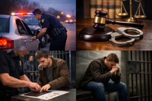 Comparison of Texas speeding ticket vs reckless driving showing traffic stop, court gavel, fingerprinting process, and jail consequences