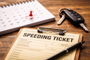 Texas ticket dismissal without lawyer concept showing a speeding ticket on clipboard with calendar date marked and car keys on desk without text