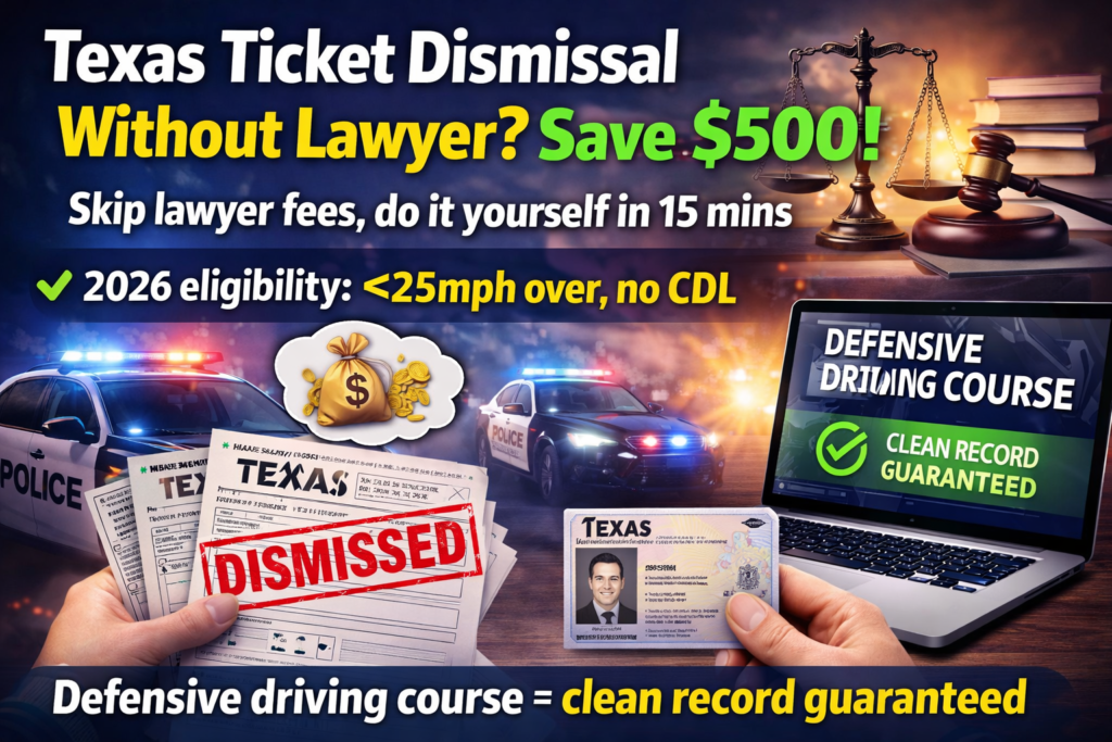 Texas ticket dismissal without lawyer concept showing dismissed citation, police cars, and defensive driving course for clean driving record