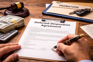 Texas ticket dismissal without lawyer concept showing paperwork on desk with car keys and calendar representing probation period and clean driving record without text