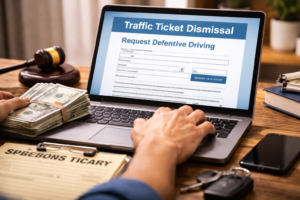 Texas ticket dismissal without lawyer concept showing person completing online traffic ticket form on laptop with cash, keys, and paperwork on desk without text