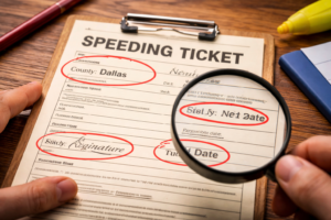 Texas ticket dismissal without lawyer concept showing close up of speeding ticket on clipboard with pen highlighting details for error checking without text