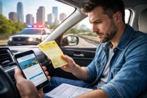 Driver checking a Speeding Ticket in Houston while sitting in his car with a police vehicle and flashing lights visible behind him.